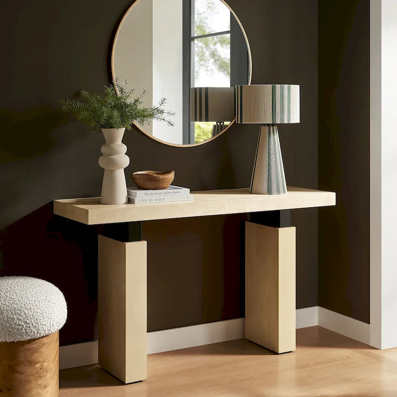 52" Rectangular Wood Console Table with Matte Black Metal Supports
