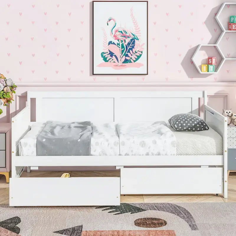 Twin Size Daybed Pine Wood Sofa Bed Frame with 2 Storage Drawers