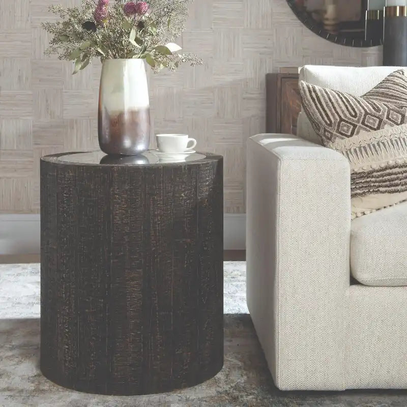 Mirrored Top Drum End Accent Table - 25 - Black