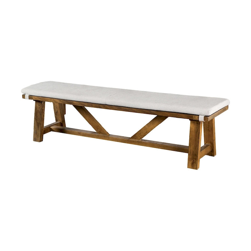 Trestle Base Dining Bench, 69", Brown Wood with Off-White Seat