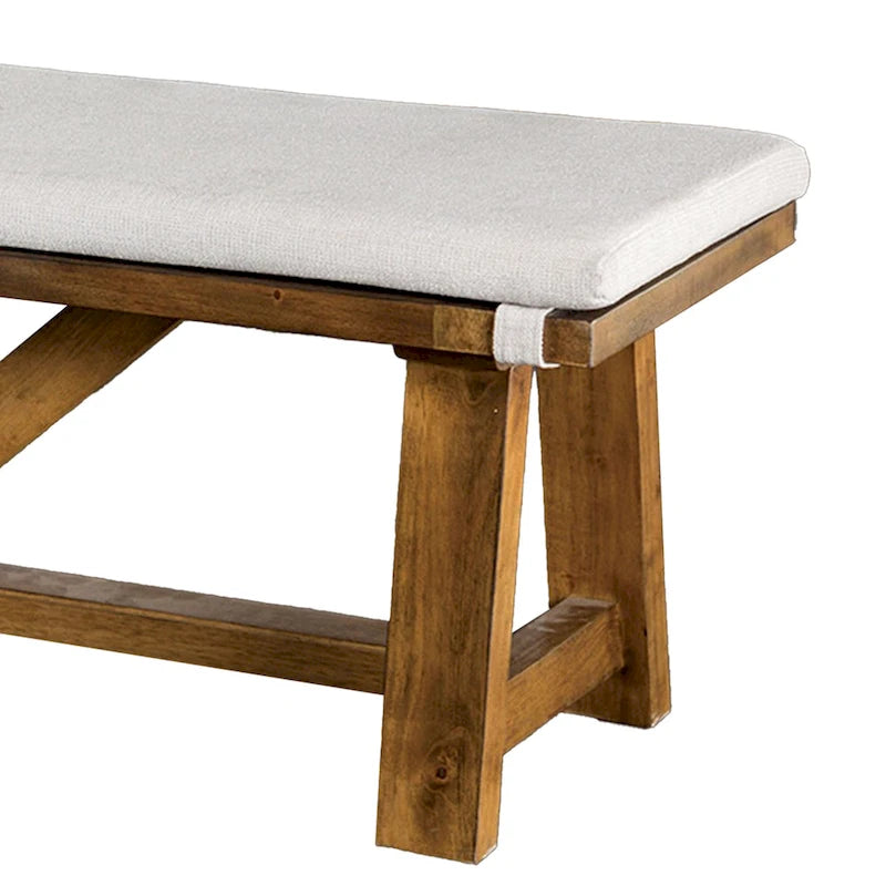 Trestle Base Dining Bench, 69", Brown Wood with Off-White Seat