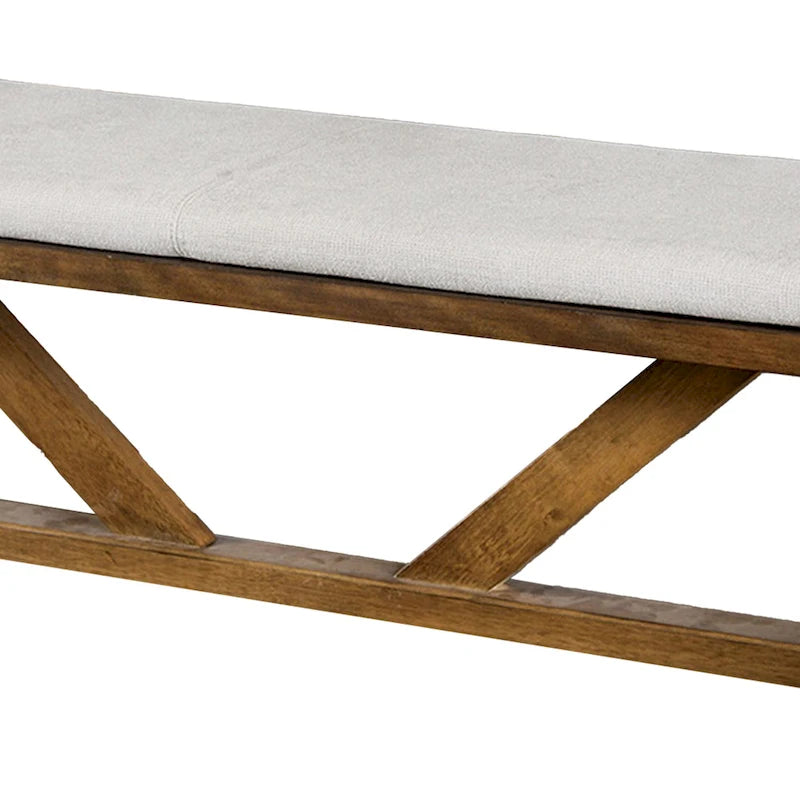 Trestle Base Dining Bench, 69", Brown Wood with Off-White Seat