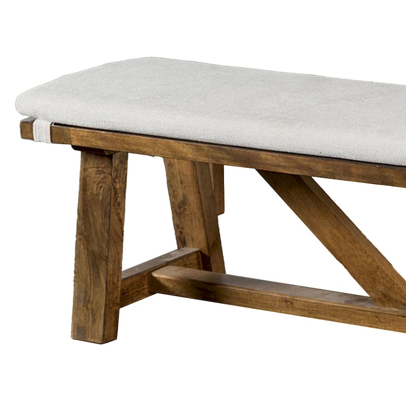 Trestle Base Dining Bench, 69", Brown Wood with Off-White Seat