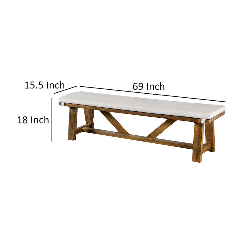 Trestle Base Dining Bench, 69", Brown Wood with Off-White Seat