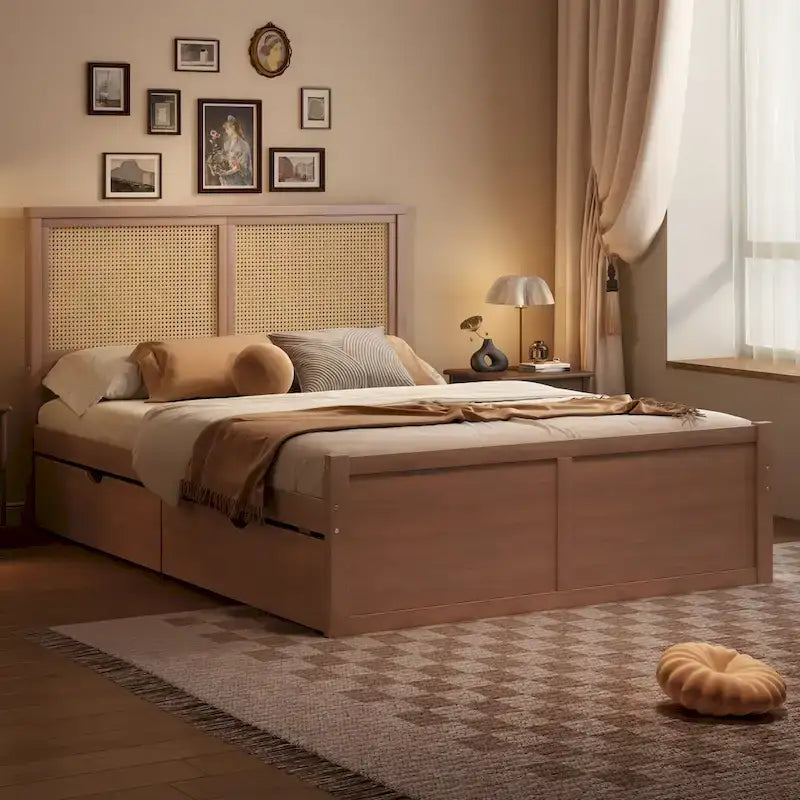 Wood Storage Platform Bed with 4 Drawers and Rattan Headboard
