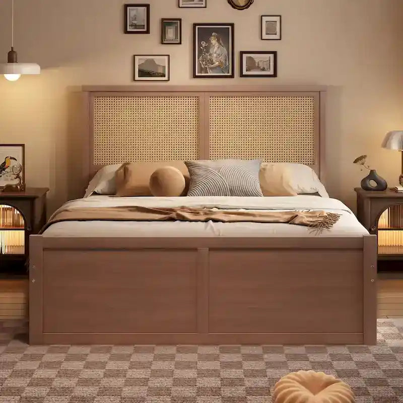 Wood Storage Platform Bed with 4 Drawers and Rattan Headboard