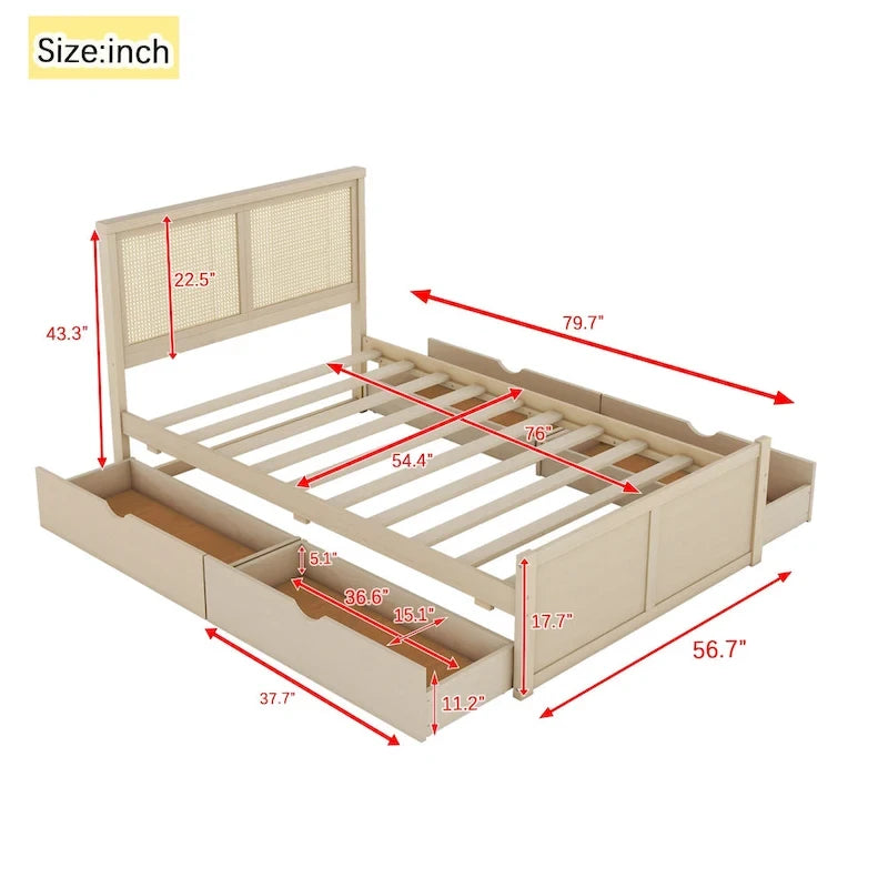 Wood Storage Platform Bed with 4 Drawers and Rattan Headboard