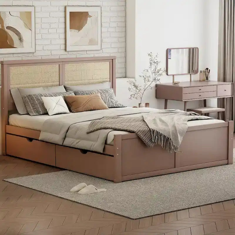 Wood Storage Platform Bed with 4 Drawers and Rattan Headboard