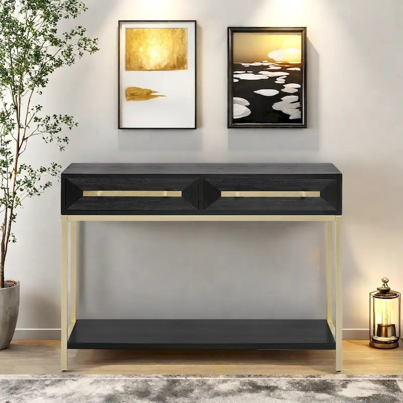 45.5 MDF Retro Console Table with Gold Accents, 2 Storage Drawers and Geometric Design