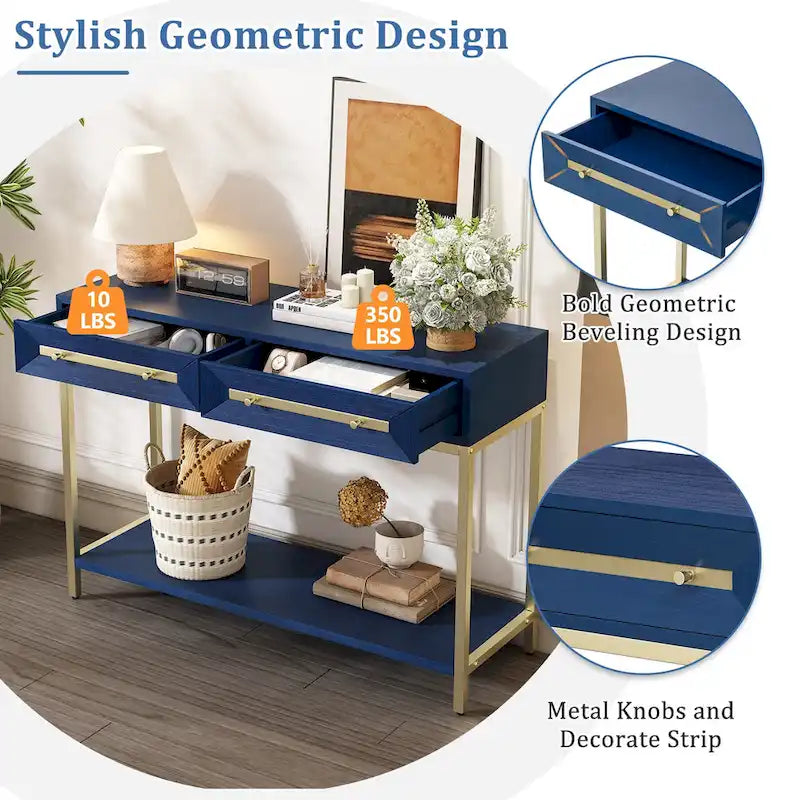45.5 MDF Retro Console Table with Gold Accents, 2 Storage Drawers and Geometric Design