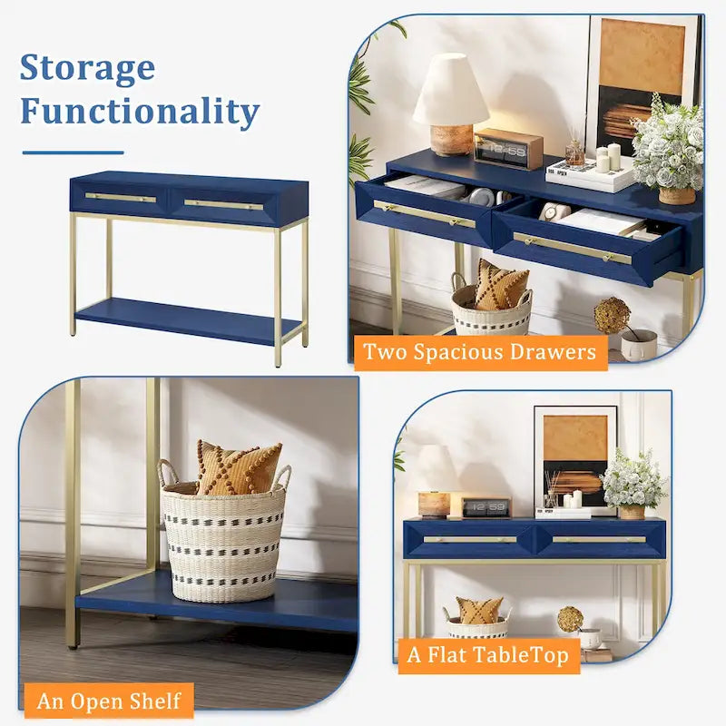 45.5 MDF Retro Console Table with Gold Accents, 2 Storage Drawers and Geometric Design