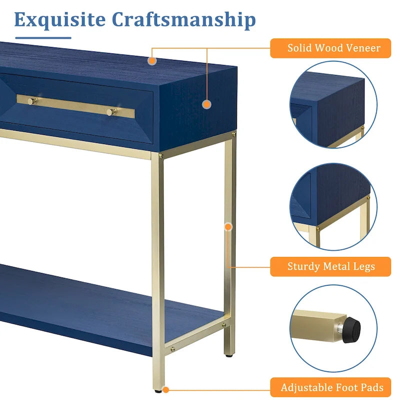 45.5 MDF Retro Console Table with Gold Accents, 2 Storage Drawers and Geometric Design