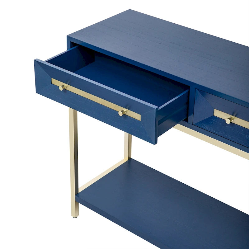 45.5 MDF Retro Console Table with Gold Accents, 2 Storage Drawers and Geometric Design
