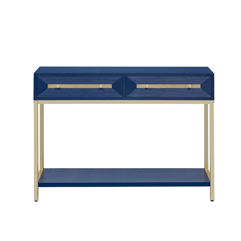45.5 MDF Retro Console Table with Gold Accents, 2 Storage Drawers and Geometric Design