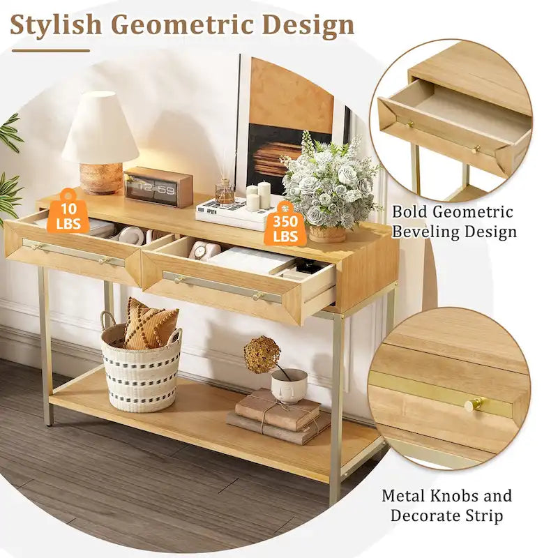 45.5 MDF Retro Console Table with Gold Accents, 2 Storage Drawers and Geometric Design