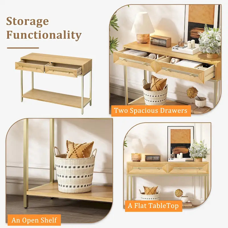 45.5 MDF Retro Console Table with Gold Accents, 2 Storage Drawers and Geometric Design