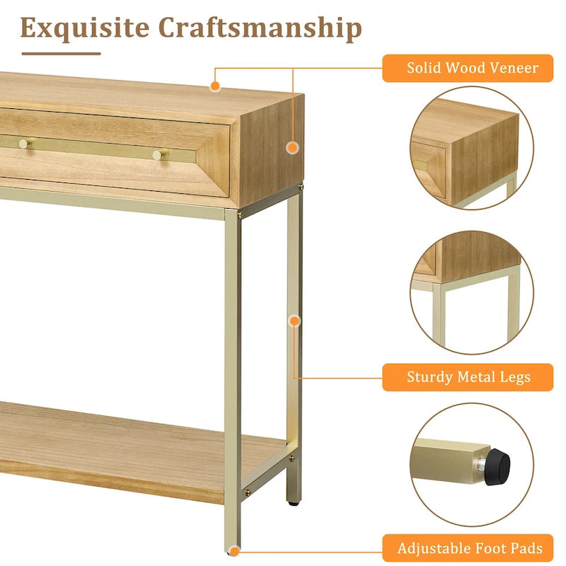 45.5 MDF Retro Console Table with Gold Accents, 2 Storage Drawers and Geometric Design
