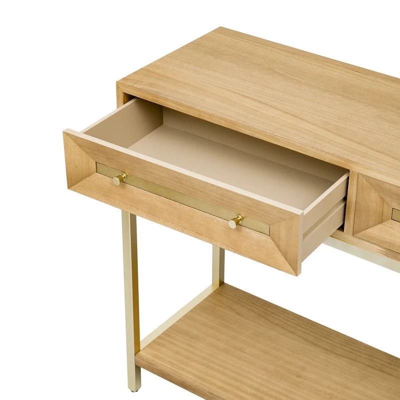 45.5 MDF Retro Console Table with Gold Accents, 2 Storage Drawers and Geometric Design