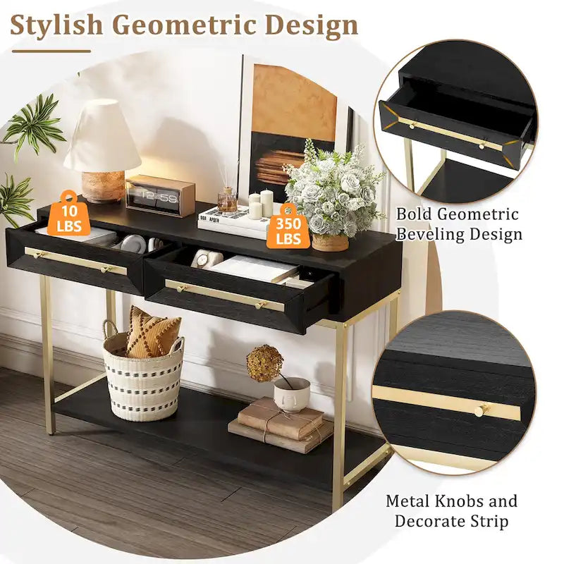 45.5 MDF Retro Console Table with Gold Accents, 2 Storage Drawers and Geometric Design