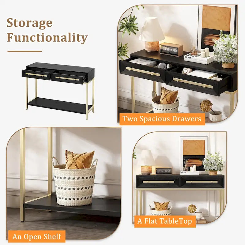 45.5 MDF Retro Console Table with Gold Accents, 2 Storage Drawers and Geometric Design