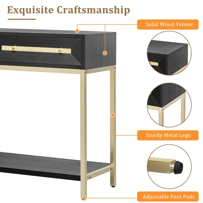45.5 MDF Retro Console Table with Gold Accents, 2 Storage Drawers and Geometric Design