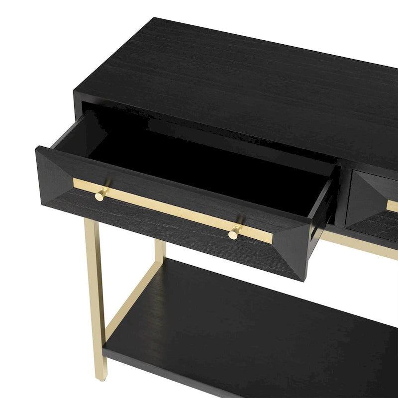 45.5 MDF Retro Console Table with Gold Accents, 2 Storage Drawers and Geometric Design