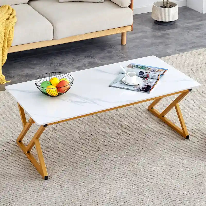 47 Modern Rectangular Coffee Table with Sintered Stone Tabletop and X-shaped Metal Legs