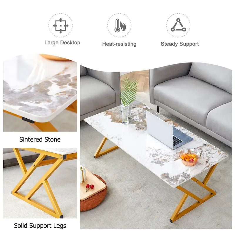 47 Modern Rectangular Coffee Table with Sintered Stone Tabletop and X-shaped Metal Legs