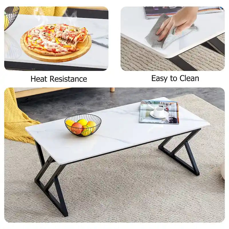 47 Modern Rectangular Coffee Table with Sintered Stone Tabletop and X-shaped Metal Legs