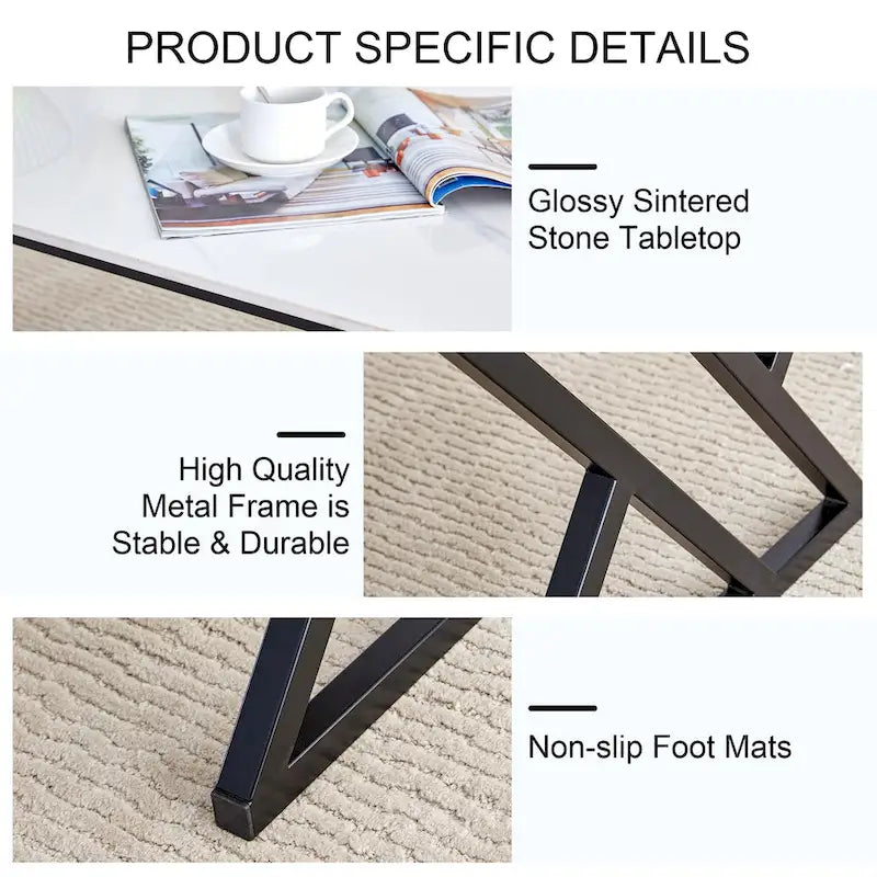 47 Modern Rectangular Coffee Table with Sintered Stone Tabletop and X-shaped Metal Legs