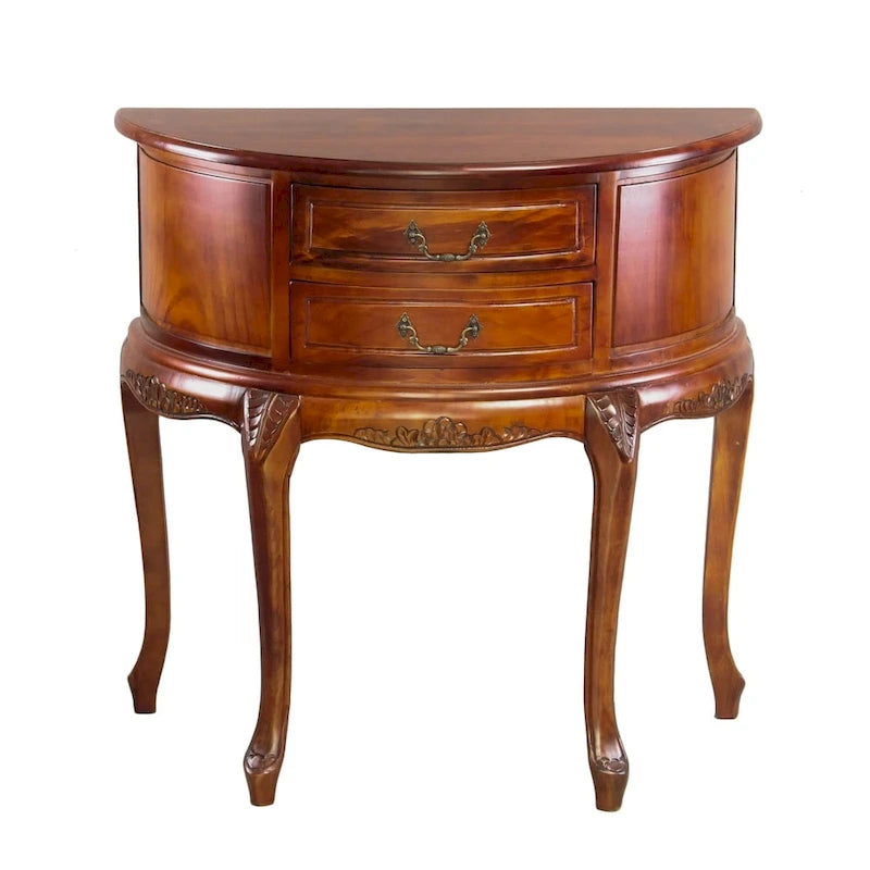 Hand-Carved Half-Moon Console Table with 2 Sliding Drawers