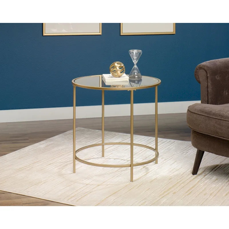 Round Side Table with Satin Gold Frame and Tempered Glass Top