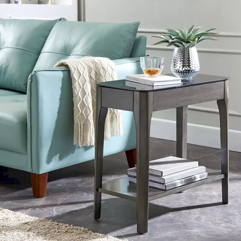 Narrow End Table with Black Glass Top