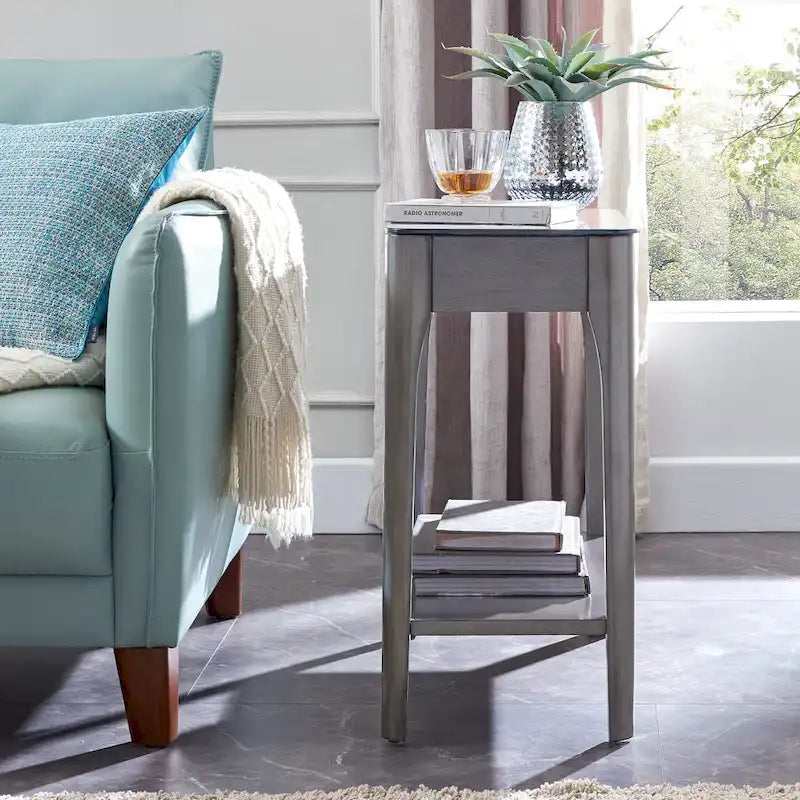 Narrow End Table with Black Glass Top