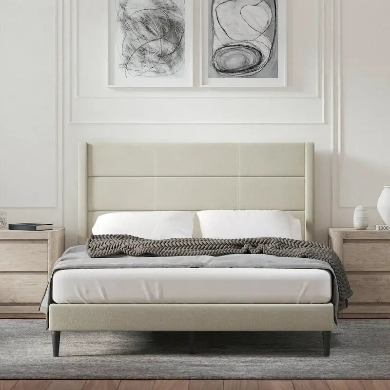 Upholstered Platform Bed with Wingback Headboard