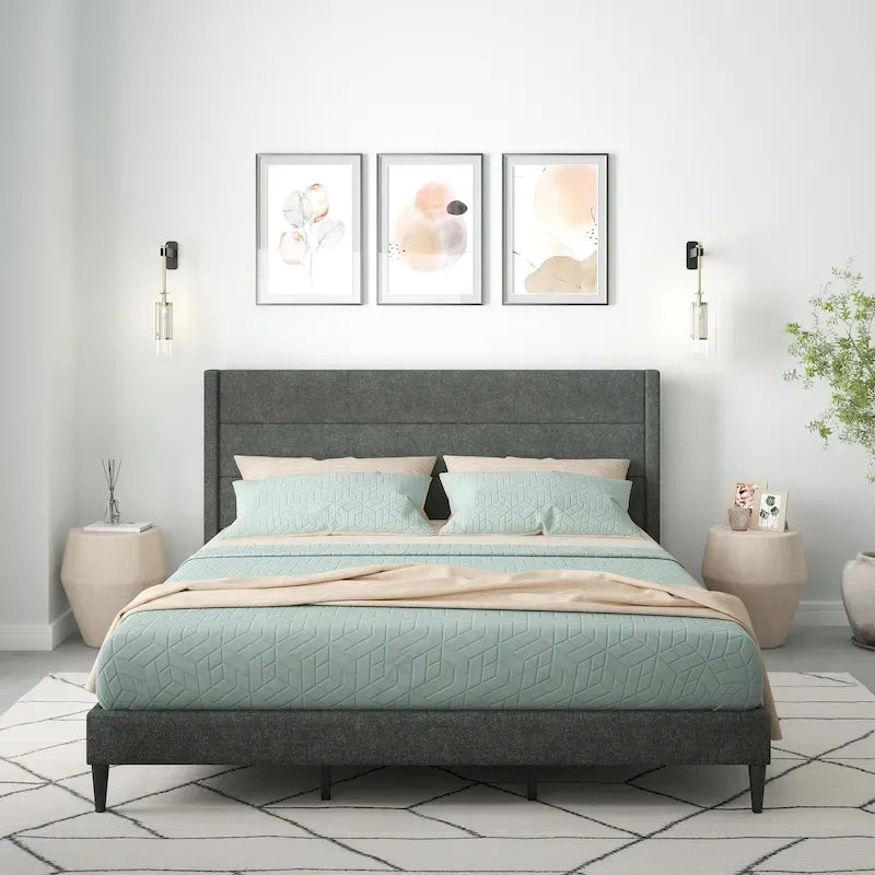Upholstered Platform Bed with Wingback Headboard