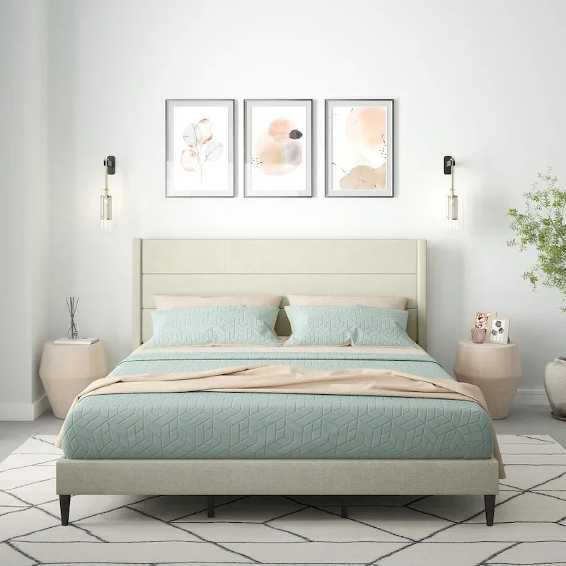 Upholstered Platform Bed with Wingback Headboard