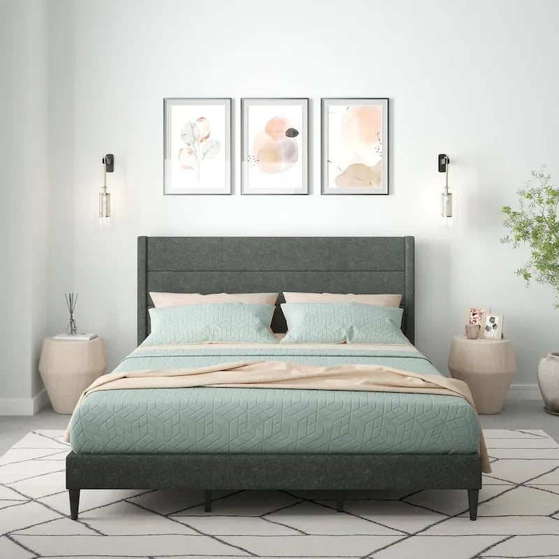Upholstered Platform Bed with Wingback Headboard