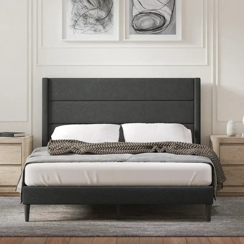 Upholstered Platform Bed with Wingback Headboard