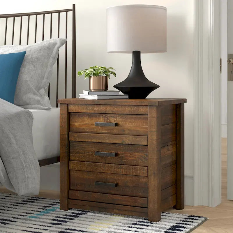 Rustic Pine 3-Drawer Nightstand with Antique Grey Finish