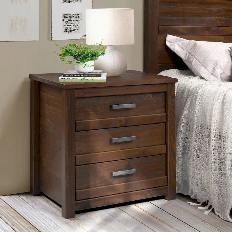 Rustic Pine 3-Drawer Nightstand with Antique Grey Finish