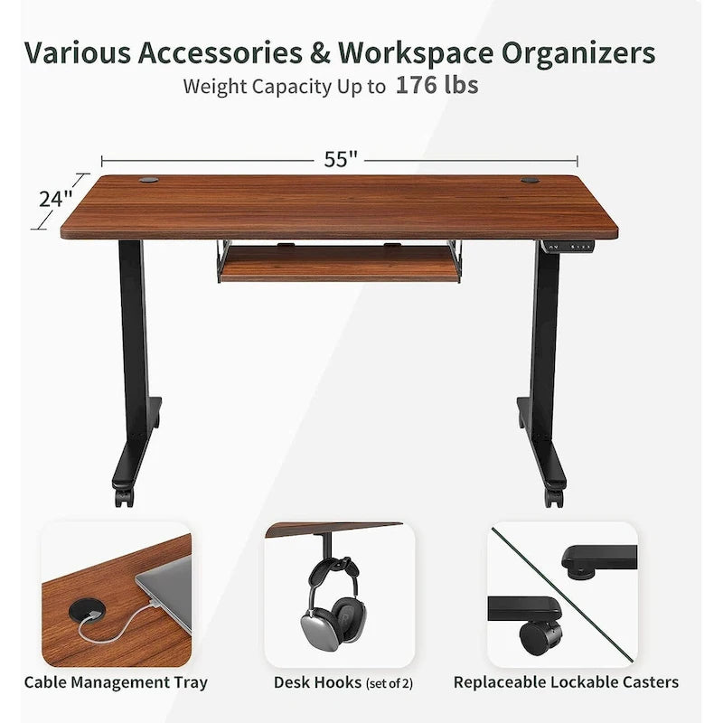 Electric Height-Adjustable Standing Desk with Keyboard Tray