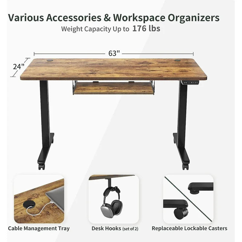 Electric Height-Adjustable Standing Desk with Keyboard Tray