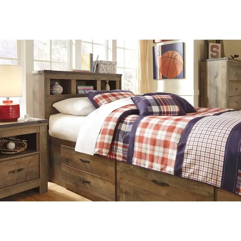Brown Bookcase Headboard with Rustic Oak Finish, Twin and Full