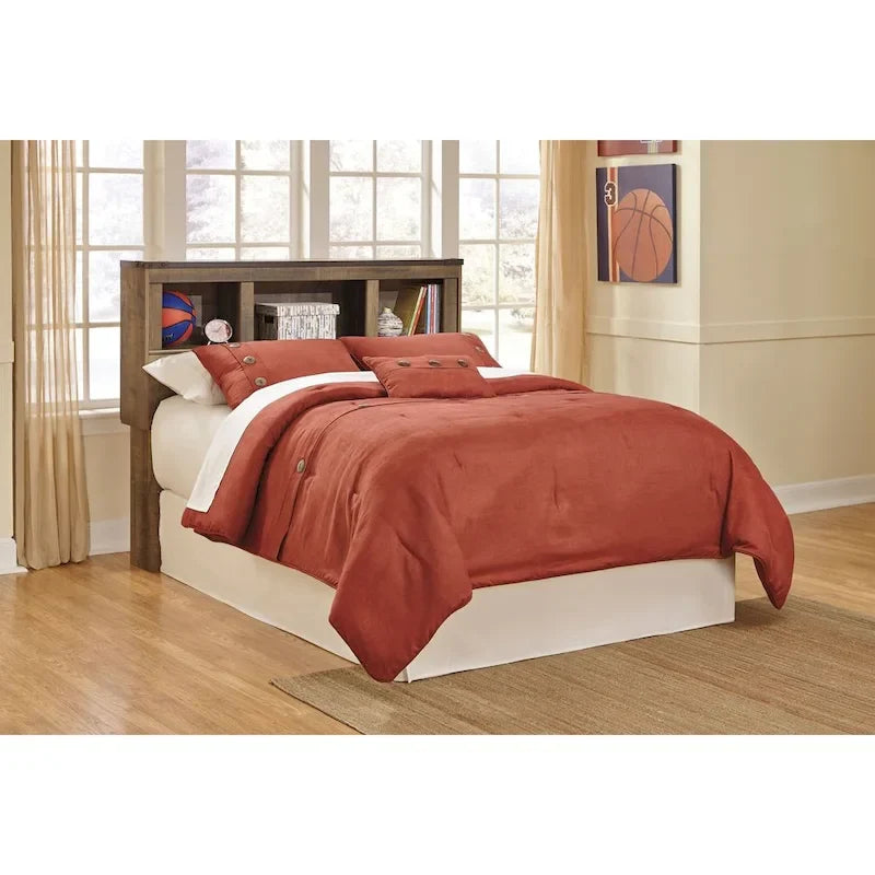 Brown Bookcase Headboard with Rustic Oak Finish, Twin and Full