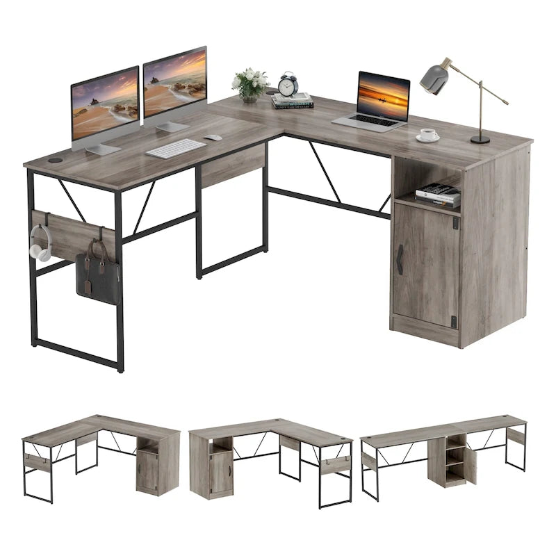 60" L-Shaped Desk with Storage Cabinet and Office Computer Desk