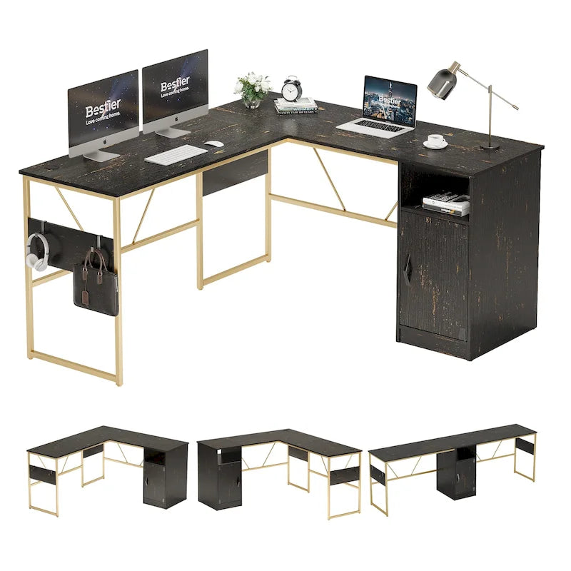 60" L-Shaped Desk with Storage Cabinet and Office Computer Desk