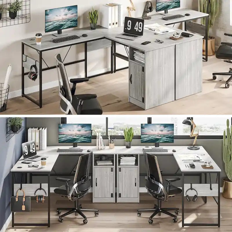 60" L-Shaped Desk with Storage Cabinet and Office Computer Desk