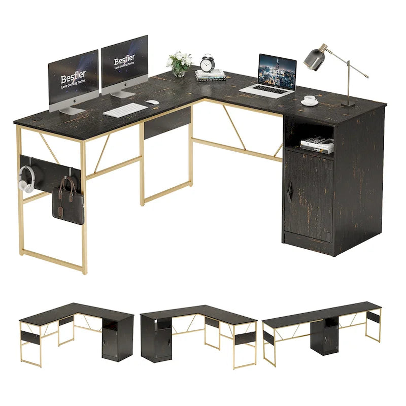 60" L-Shaped Desk with Storage Cabinet and Office Computer Desk