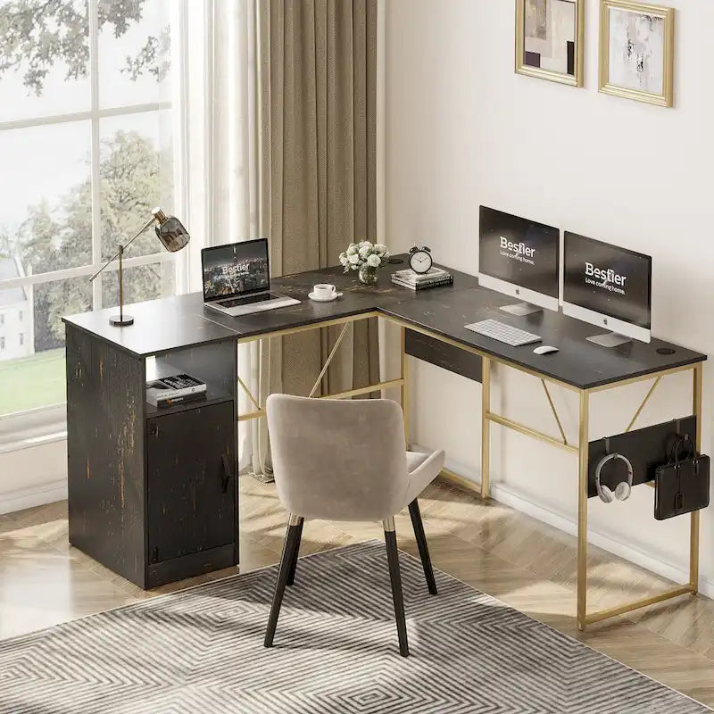 60" L-Shaped Desk with Storage Cabinet and Office Computer Desk